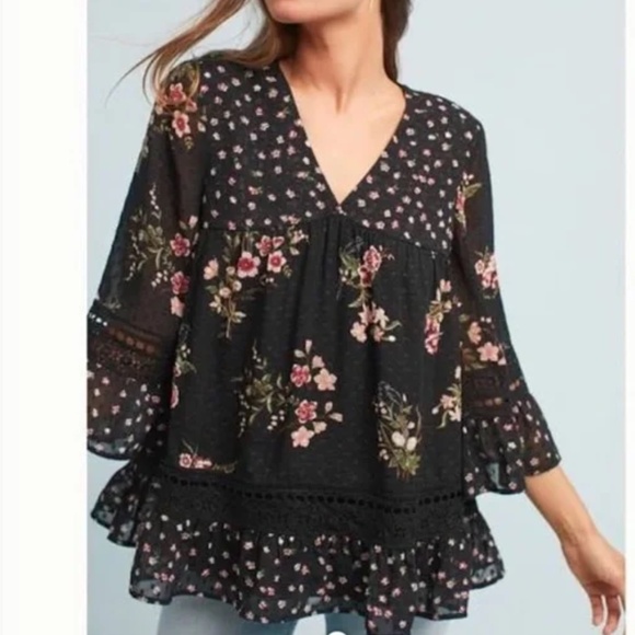 Anthropologie Maeve Steffy Bell Sleeve Floral Blouse in Black Combo sz small - Picture 1 of 6